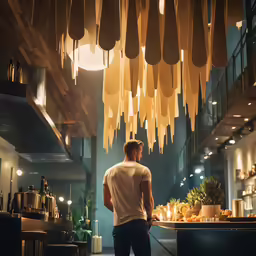 a man looks at the chandelier from the bar of a restaurant