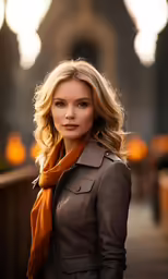 a beautiful woman with blond hair standing in front of a building