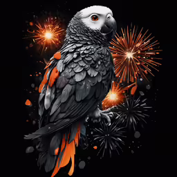 a red - black - and - white parrot perches atop the firework display of fireworks