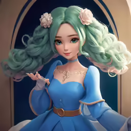 a very pretty doll with a big hair and blue dress