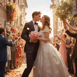 a bride and groom share an intimate moment as confetti rains down the air