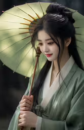 a young woman is standing under an umbrella,a woman in a traditional green dress holding an umbrella