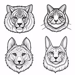 four different heads of cats drawn in black and white,four different heads of animals in black and white