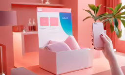 a person holding a phone near a pink wall