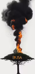 smoke rising from a tree on a hill next to the words ikesa written on it