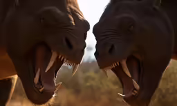 two rhinos are fighting with each other on the open field