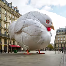 a giant white bird statue is in the middle of the street,a giant bird that is standing up in the street