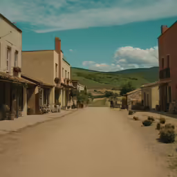some buildings and people on the dirt road