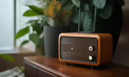 a brown radio sitting on top of a dresser