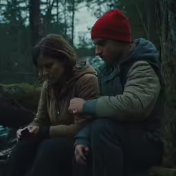 a man and woman sitting on the ground with cell phones