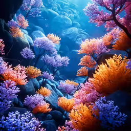 underwater image of bright, colorful corals and rocks