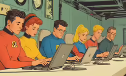 a group of people sitting at computers all using laptops