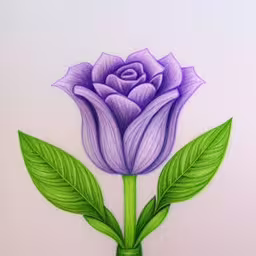 purple flower with green leaves in color pencil,a drawing of a purple flower with green leaves