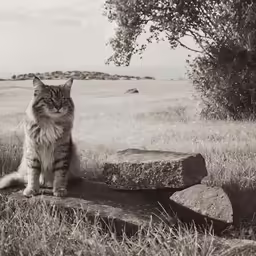 cat sitting on stone steps outdoors in black and white