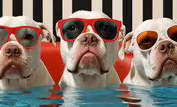 two dogs wearing red glasses with their head above water