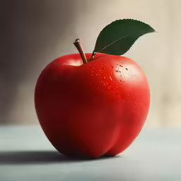a shiny red apple on the table with water drops