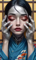 an asian geisha with a strange make - up and eye makeup