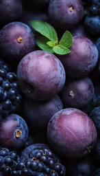many plums with leaves sitting on top of them