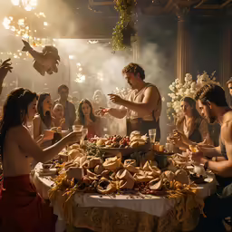 a number of people gathered around a table full of food