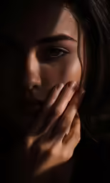 a woman with her hand over her face and hands under her chin