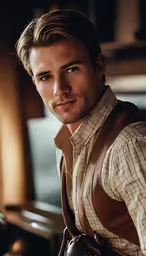 a man in a dress shirt and a brown vest poses for the camera