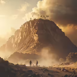 two men standing in the middle of a dirt field on a hilltop