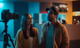 a man and woman stand side by side in front of a video camera