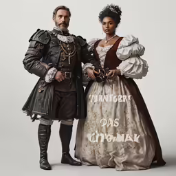 a couple in renaissance costumes pose for the camera