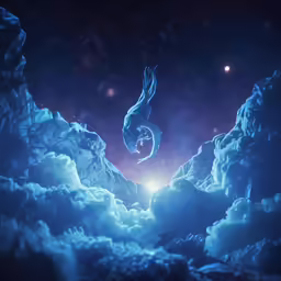 the image depicts a flying bird surrounded by clouds
