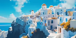 white village overlooking a blue sea and mountains