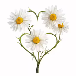four white daisies in heart shape against white background
