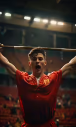 a person in a red uniform holding a baseball bat