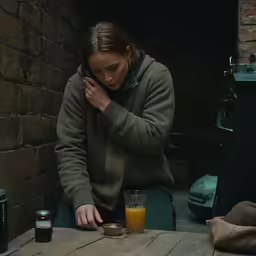 a woman sitting down on her side, staring at a cup of orange juice