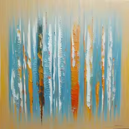 an abstract painting in orange and blue,painting that is being displayed in an art gallery