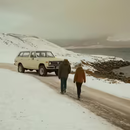 people walking in the snow near cars on a snowy road
