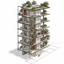 a sketch showing a tall building with a few windows