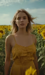 a blonde female wearing an yellow dress standing in a sunflower field