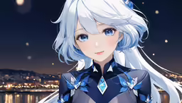 a anime with white hair, blue eyes and a futuristic look