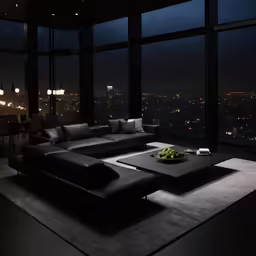 a living room with a large sectional couch and a nice view of the city