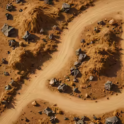 an aerial view of a dirt and rock path