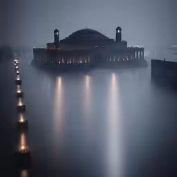 a castle building on a island surrounded by water