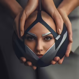 the woman is holding a ball with strips in her hair