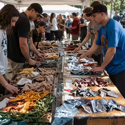 several people are looking through various items on the table