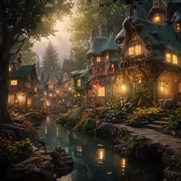 a painting of a house near a stream