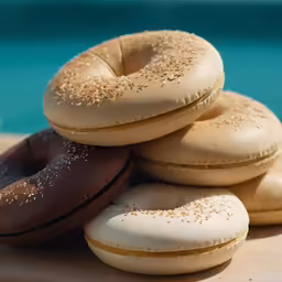 several doughnuts stacked on top of each other next to a pool