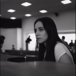 a woman in a black and white photo sitting at a table
