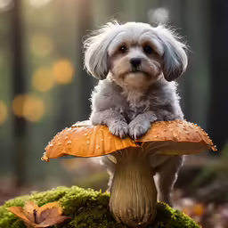 a small white dog sitting on top of a mushroom