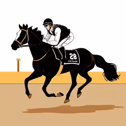 a jockey racing a black horse in an indoor track