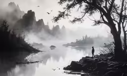 black and white photo with a person standing on a rock
