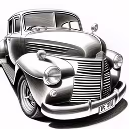 a drawing of a car with the hood open,a classic black and white drawing of a car